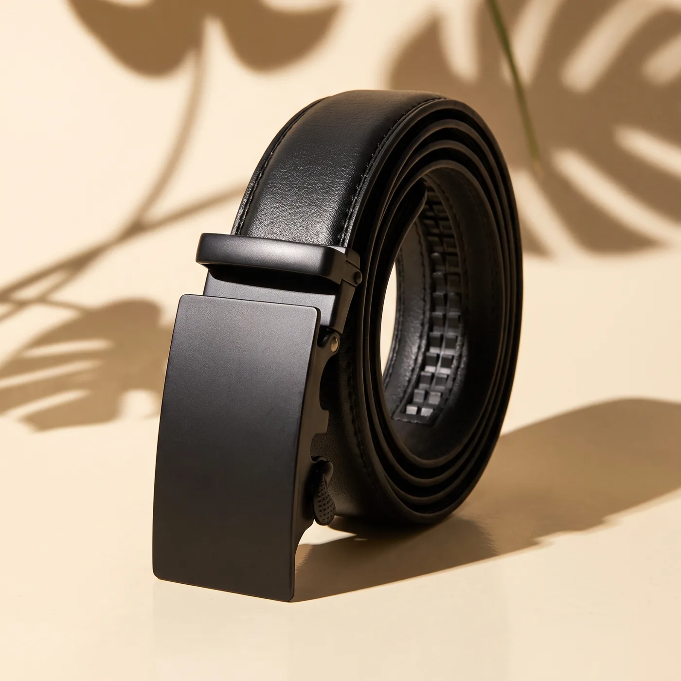 The Automatic Belt, matte black plate buckle belt in leaf shadow (styled scene)