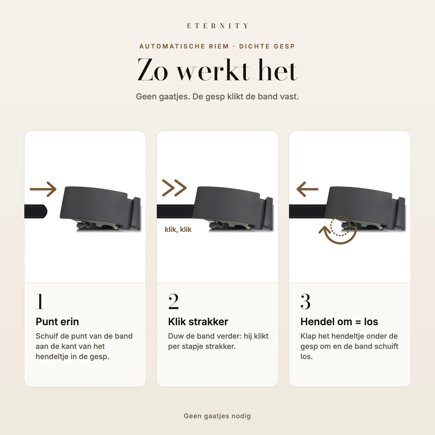 How it works: push the tip into the buckle, it clicks tighter, the lever lets it go