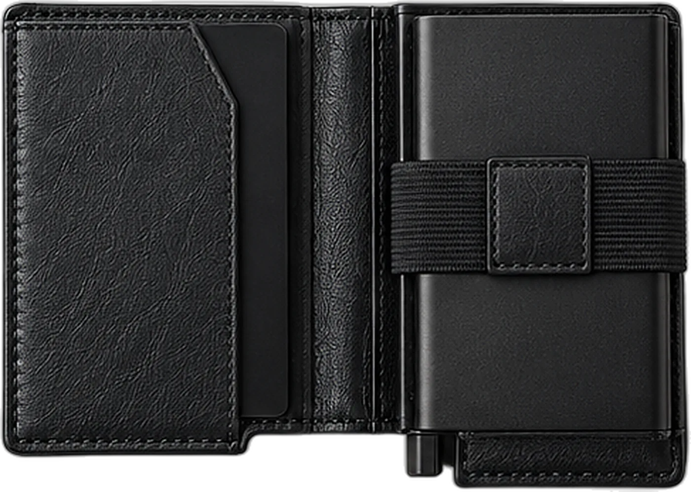 Luzof opened flat: card pocket in the cover on the left, card case with cash strap on the right, lever at the base